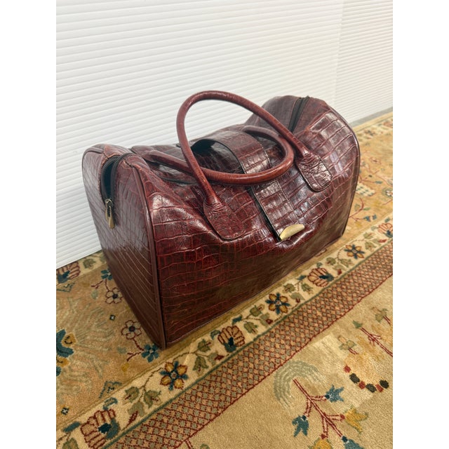 Italian Embossed Crocodile Travel Satchel Bag, Maroon For Sale - Image 3 of 13