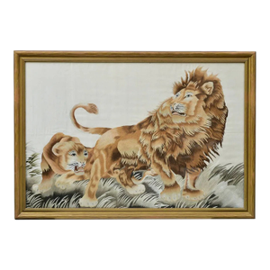 Japanese Meiji Period Embroidered Silk Picture, Lion and Lioness, Circa 1890