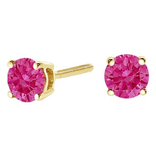 14K Yellow Gold 1.00 Cttw Round Brilliant Cut Lab Grown Pink Diamond 4-Prong Classic Solitaire Earrings (Pink Color, VVS2-VS1 Clarity) For Sale