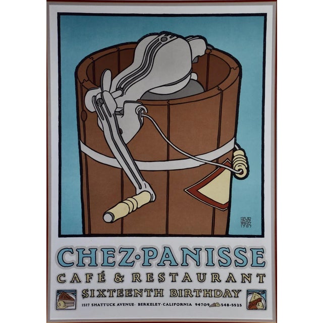 This original framed graphic art lithographic poster entitled "Chez Panisse Cafe & Restaurant Sixteenth Birthday" was...