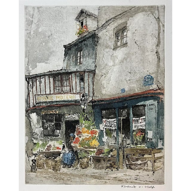The School of Paris Vintage Color Etching Paris Fruit Shop 77 Rue Galande by Franz Xavier Wolf For Sale - Image 3 of 7