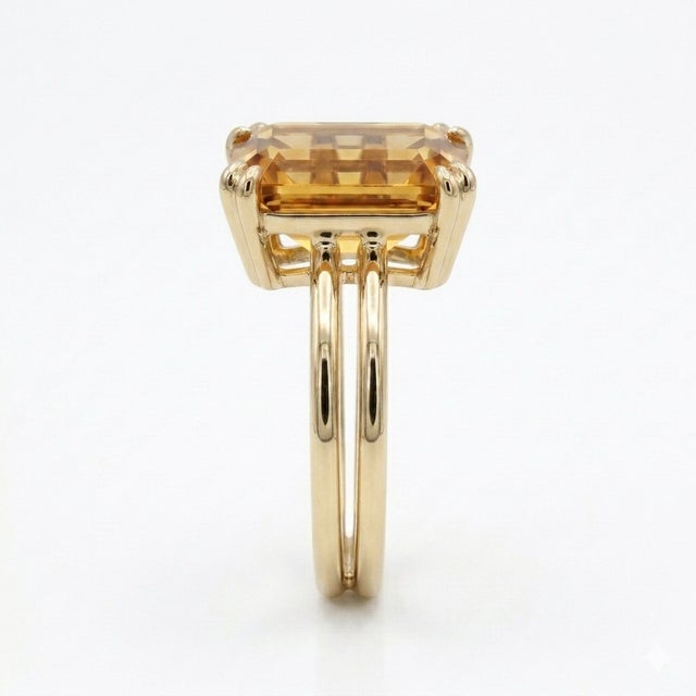 Natural Citrine Cocktail Ring • Double Band Emerald Cut Gemstone Ring Us 7 For Sale - Image 6 of 6
