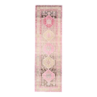 1970s Vintage Turkish Hand-Knotted Wool Cotton Pink Runner Rug For Sale