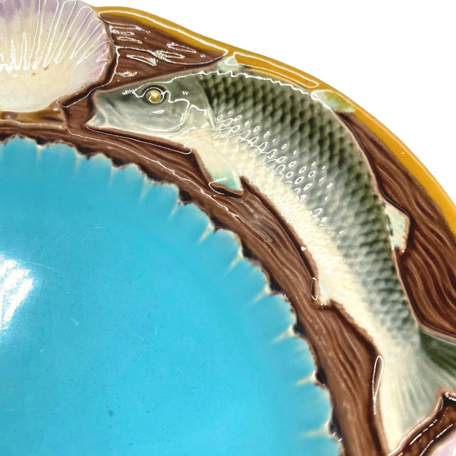 Minton Majolica Seafood Plate With Fish and Shells, English, Dated 1873 For Sale - Image 6 of 8