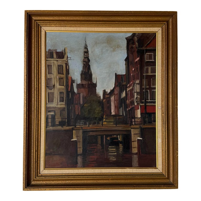 1960's Vintage Amsterdam Cityscape Oil Painting, Signed For Sale
