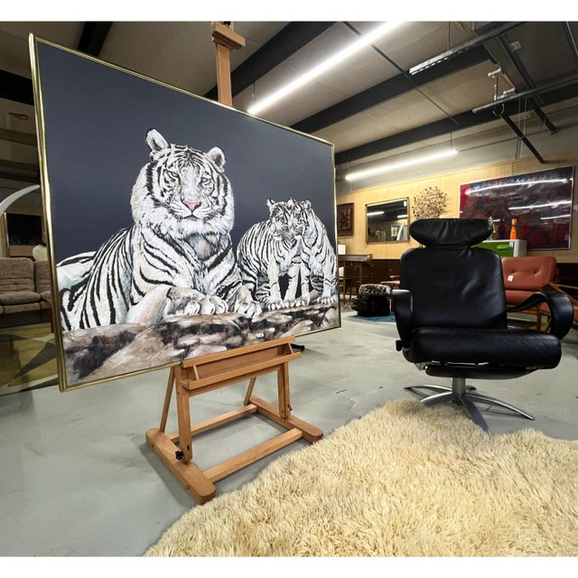 Vintage 1970s Large Scale White Tigers Painting by Anderson For Sale - Image 6 of 12