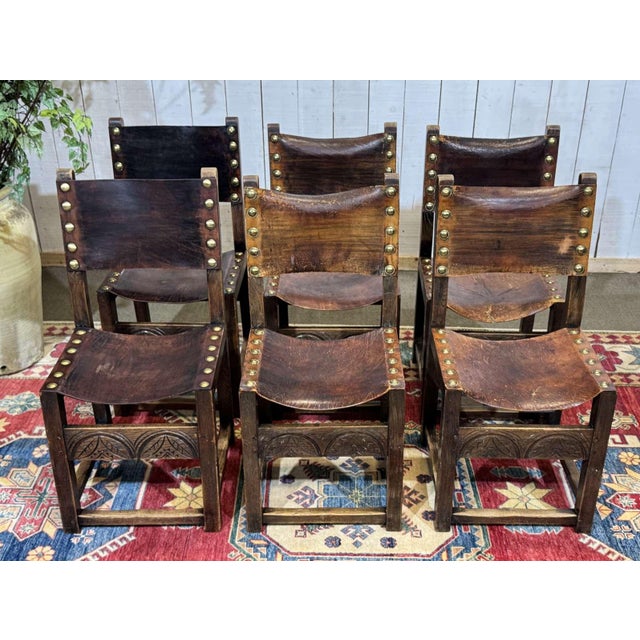 Antique English Chairs in Oak and Leather, 1800s, Set of 6 For Sale - Image 16 of 18