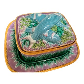 Late 18th Century George Jones Majolica Sardine Rectangular Dish and Underplate For Sale