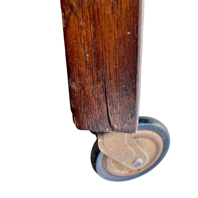 Brown Antique English Jacobean Style Oak Flip Top Game Table Bar Cart Carved Frieze For Sale - Image 8 of 18
