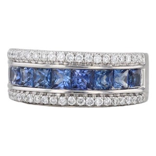 1.65ctw Blue Sapphire Diamond Ring 14k White Gold Size 4.25-4.5 Wedding Band For Sale
