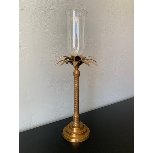 Metal Mid 20th Century Large Brass Palm Taper Candle Holder With Glass Hurricane For Sale - Image 7 of 7