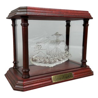 Vintage Miniature Viking Longship in a Glass and Wood Display Case, 1970s For Sale