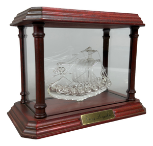 Vintage Miniature Viking Longship in a Glass and Wood Display Case, 1970s