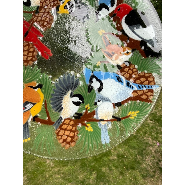 Folk Art 1990s Peggy Karr Festive Birds Signed Fused Art Glass Platter For Sale - Image 3 of 8