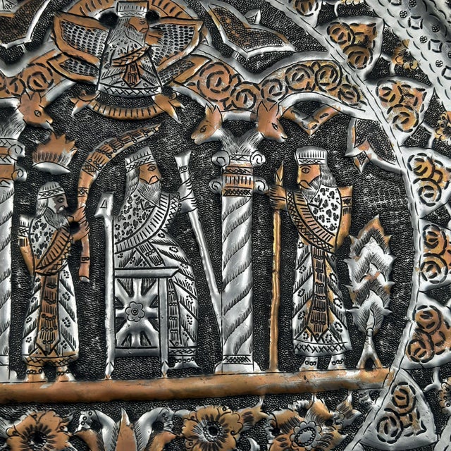 Persian Qalam Zani Chiseled Silvered Copper Wall Plate Art, 1900s For Sale - Image 5 of 13