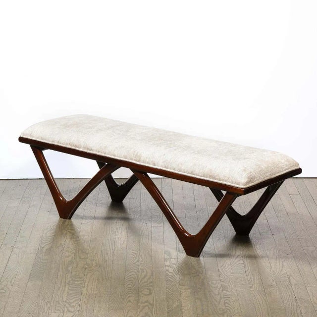 Itialian Mid Century Modern Sculptural Graphic Walnut & Taupe Velvet Bench For Sale - Image 4 of 9