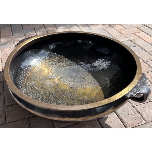 Brass Large Brass Vintage Etched Handcrafted Indian Urli Bowl (29 Inches Long and 20lbs) For Sale - Image 8 of 14