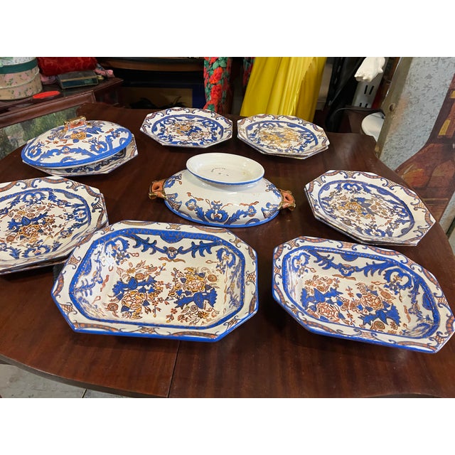 Italian 1970s Italian Blue and White Hand Painted Serving Dishes With Gold Accents- Set of 11 For Sale - Image 3 of 12