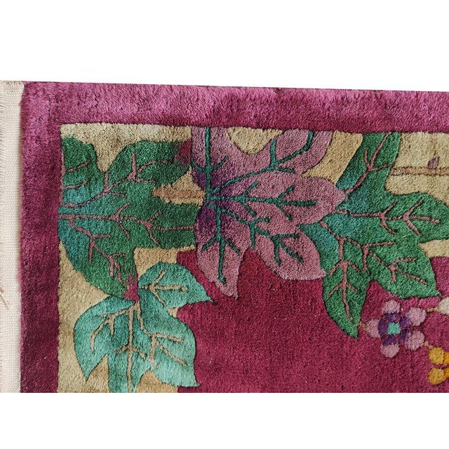 1920s Pink Raspebery Floral Antique Chinese Art Deco Rug 2'6" X 5'0" Knotted Wool Carpet For Sale - Image 4 of 6
