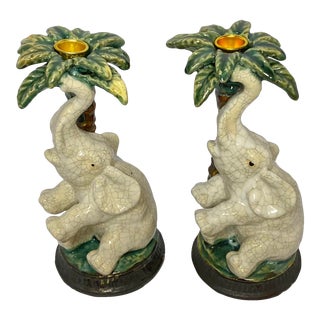 Vintage Majolica Elephant and Palm Tree Candlesticks - a Pair For Sale