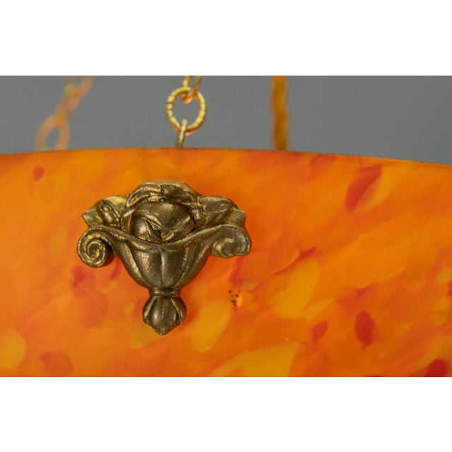 French Art Deco Mottled Orange Glass & Brass Pendant Light, 1930s For Sale - Image 12 of 18