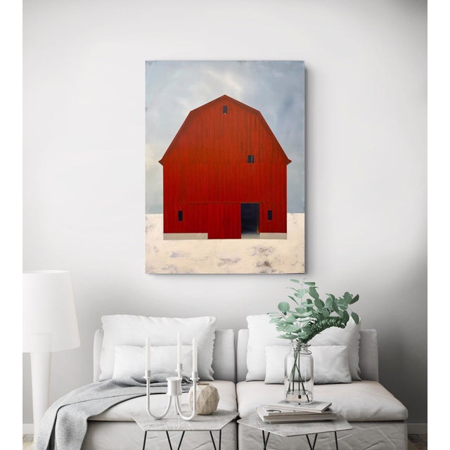 Red Midwinter by Justin Wheatley | Acrylic on Canvas Red Barn in Snow For Sale - Image 8 of 11