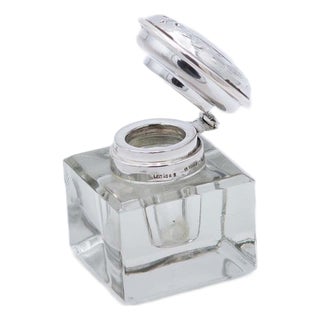 Inkwell with Smooth Glass Tank and Embossed Silver Lid For Sale