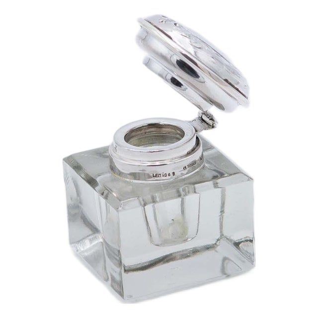 Inkwell with Smooth Glass Tank and Embossed Silver Lid For Sale