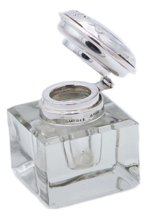 Inkwell with Smooth Glass Tank and Embossed Silver Lid