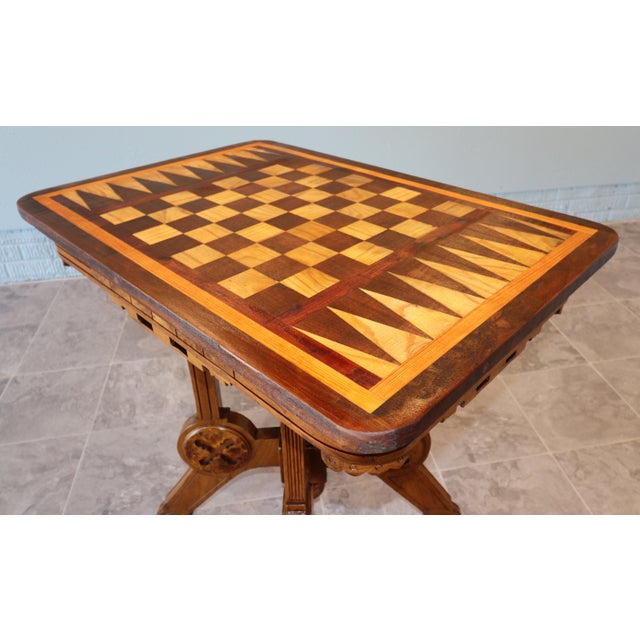 French Neo-Renaissance Flip-Top Game Table with Inlaid Chess & Backgammon, Fitted Glass Top, c. 1870–1890 Description An...
