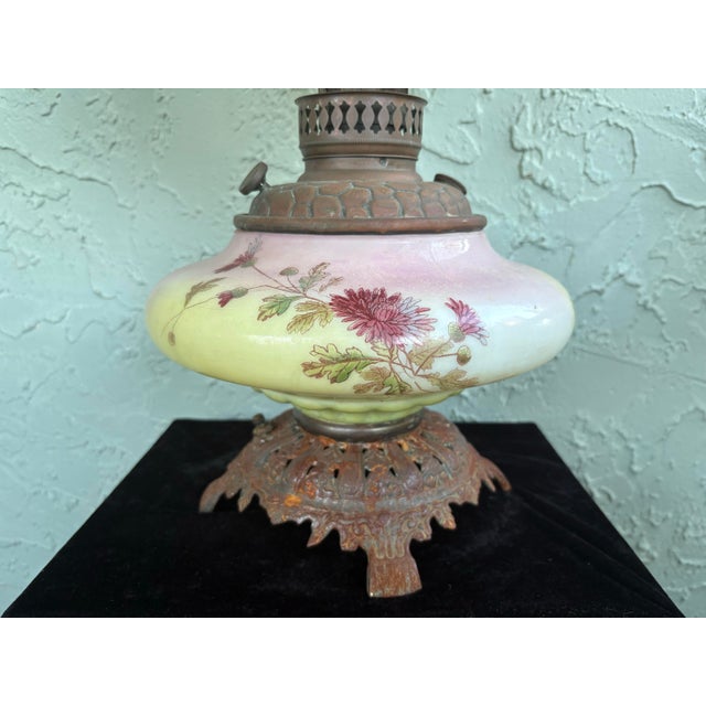 Antique Victorian Electrified GWTW Oil Lamp With Hand-Painted Floral Double Glass Shades For Sale - Image 4 of 12