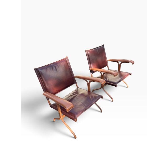 Vintage Stitched Leather Chairs by Jacques Adnet, 1950s, Set of 2 For Sale - Image 6 of 10
