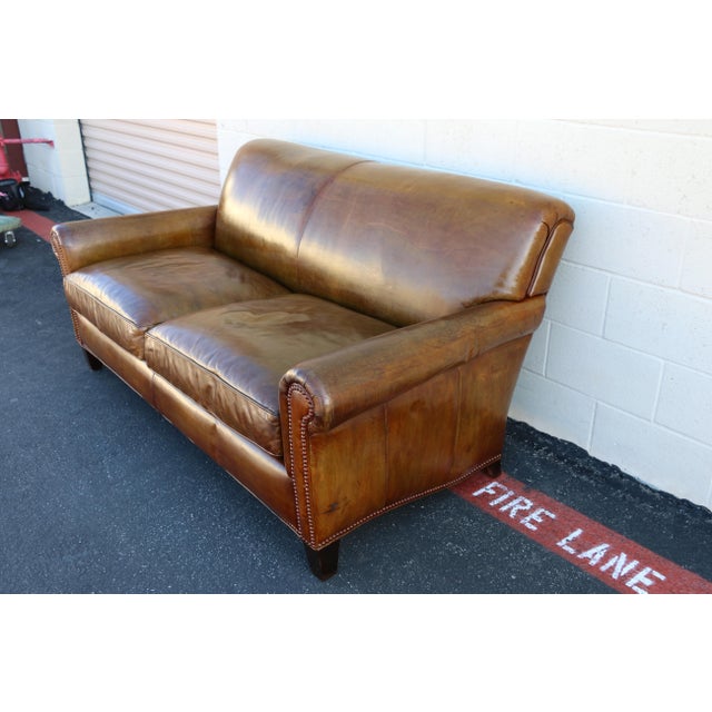 Transitional Vintage 1990s Hancock & Moore Brown Leather Sofa – Classic Rolled Arm, Nailhead Trim For Sale - Image 3 of 18