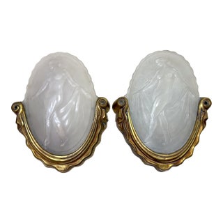 Antique Muller Freres Luniville Nymphs Bronze Glass Wall Sconces Fixtures - a Pair For Sale