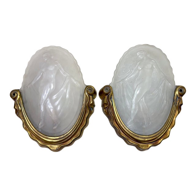 Antique Muller Freres Luniville Nymphs Bronze Glass Wall Sconces Fixtures - a Pair For Sale