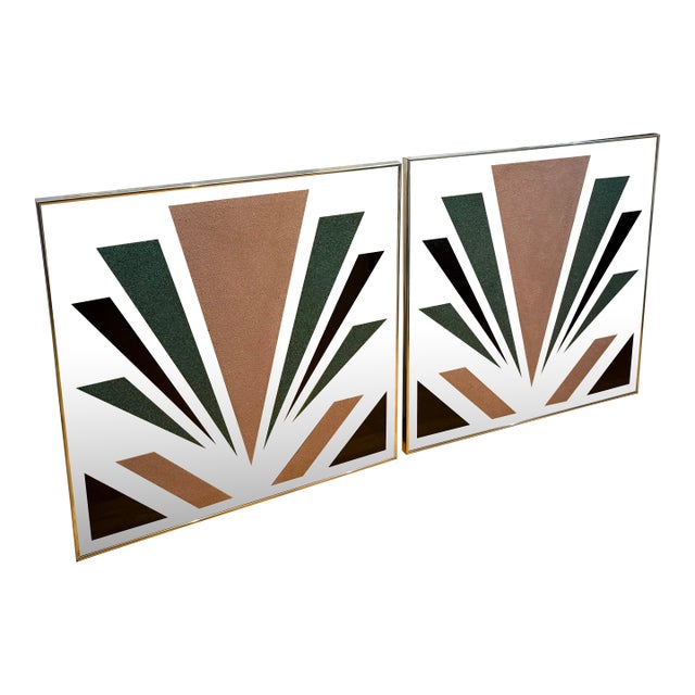 1980 Art Deco Pink Green Mirror Art - a Pair For Sale