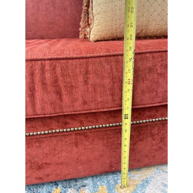 Vintage Rust Red Wingback Settee Sofa With Nailhead Trim & Carved Finials For Sale - Image 11 of 12