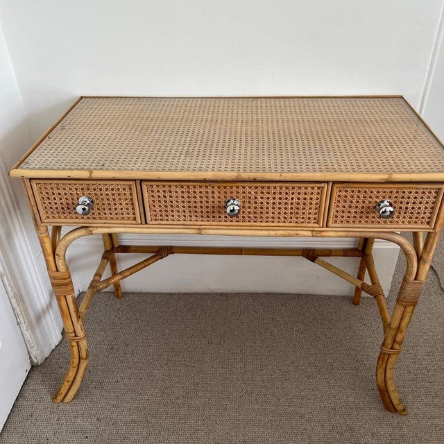 Vintage Cane and Bamboo Dressing Table with 3 Drawers For Sale - Image 9 of 12