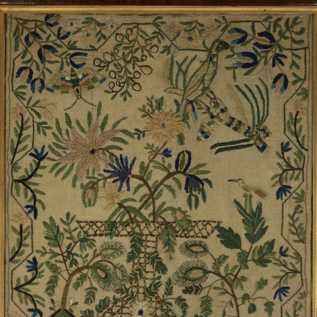 Victorian Sampler, 1851, by Mary James. The sampler is worked in silk threads on a linen ground. Meandering floral border...