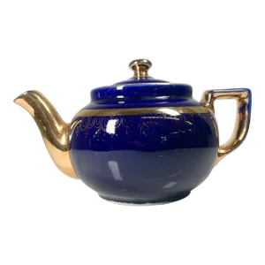 1950s Hall China Company Ceramic Tea Pot Dark Blue and Gold