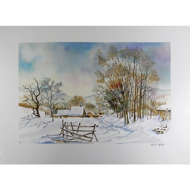 Chalet In Winter by Daniel Lanoux is a beautifully composed colour lithograph that captures the quiet charm of a snow-...