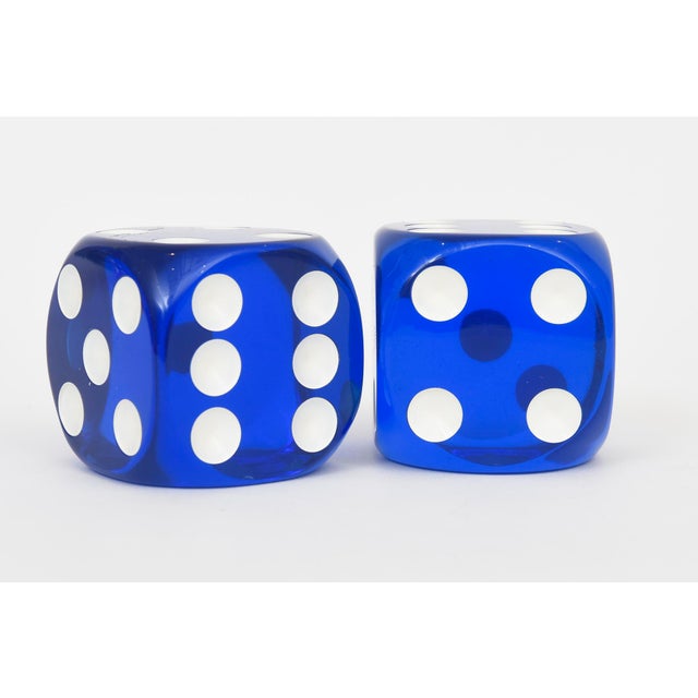 Modern Vintage Royal Blue and White Resin Dice Sculpture Pair of 80's For Sale - Image 3 of 10