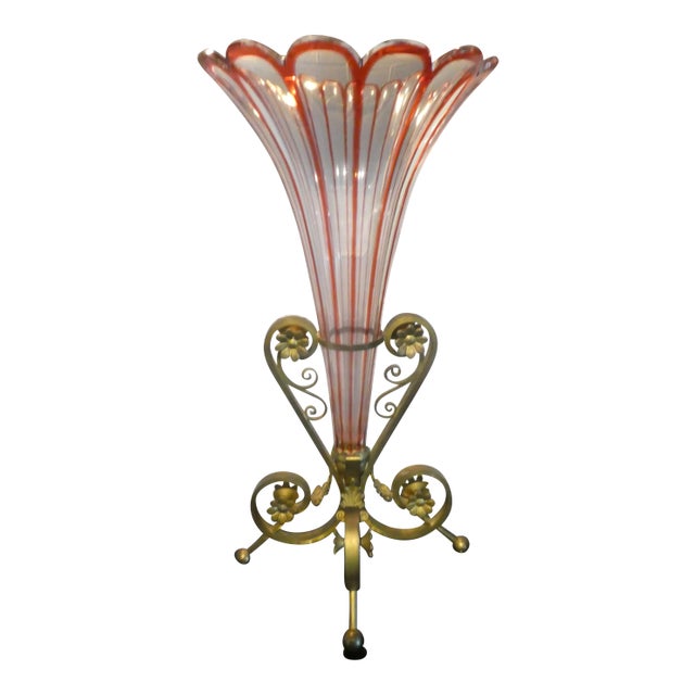 19th Century Clear to Cranberry Glass Bronze Epergne For Sale