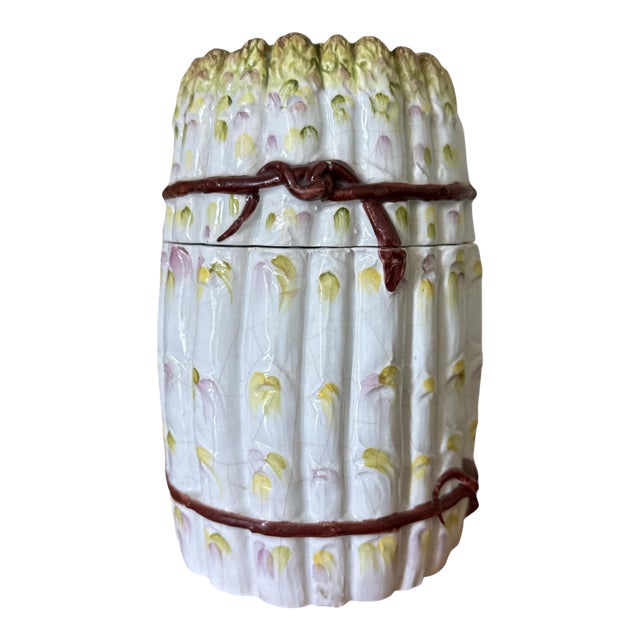 Vintage Mid Century Italian Majolica Asparagus Lidded Jar or Canister - Hand-Painted For Sale