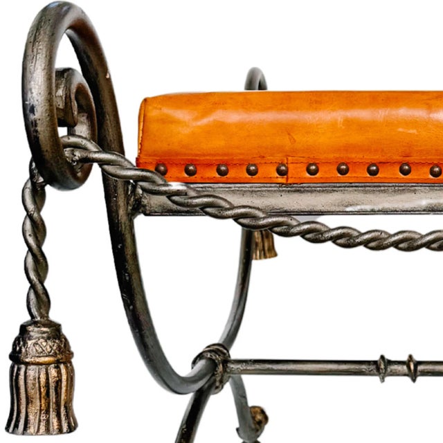 Vintage Gray Steel Bench With Gold Tassels and Leather Seat For Sale - Image 11 of 11