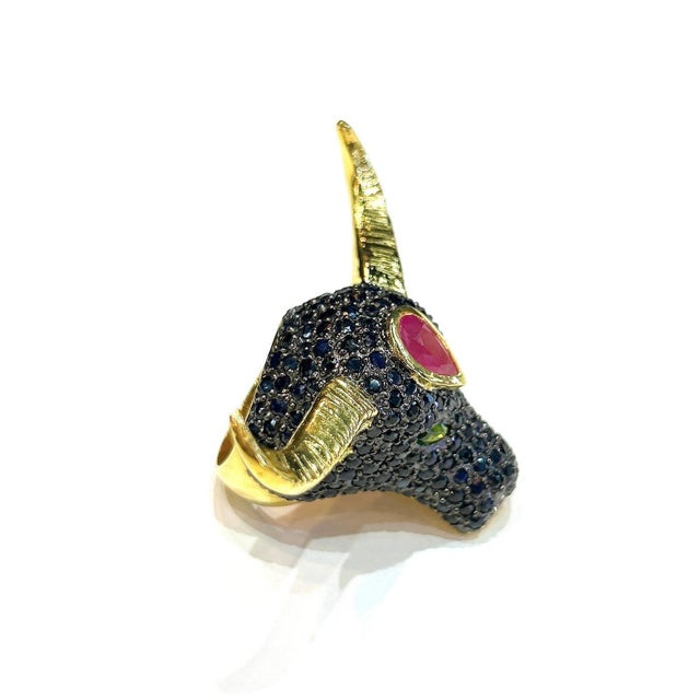 Bochic "Orient" Neoclassical Bull, Ruby & Sapphire Ring Set 18K Gold & Silver For Sale In New York - Image 6 of 11