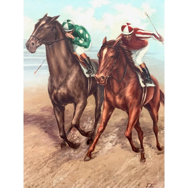Signed De-Voe, Two jockeys , unframed oil on canvas, Old canvas, aged excellent. striking players in red, green, white...