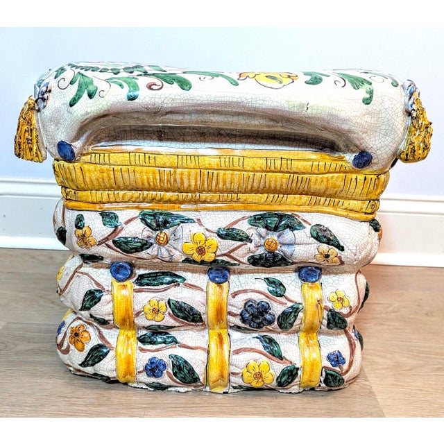 Ceramic 1970s Italian Majolica Stacked Pillows Garden Stool or Ottoman - Trompe l'Oeil Style For Sale - Image 7 of 16
