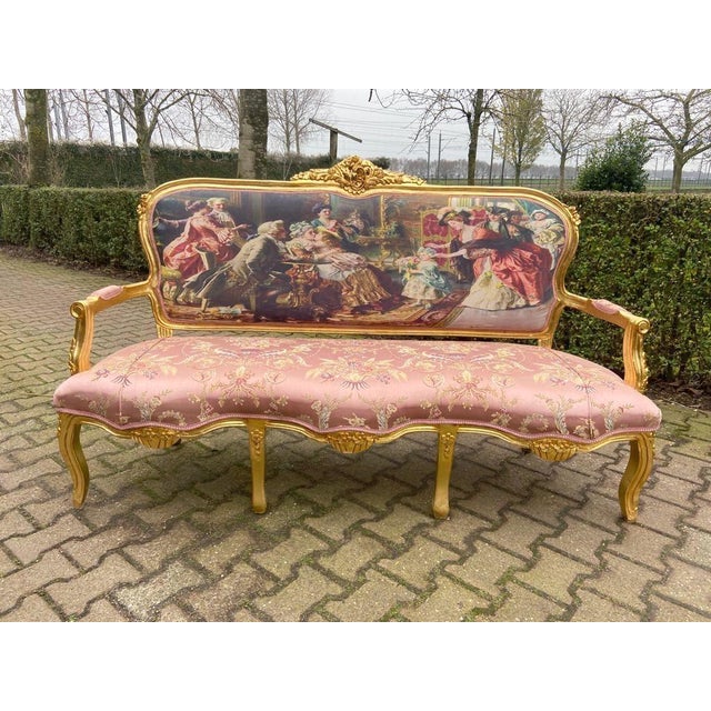 1960s French Artisan Louis XVI Pink Gilt Beech Sofa Set—3 Pc For Sale - Image 13 of 16