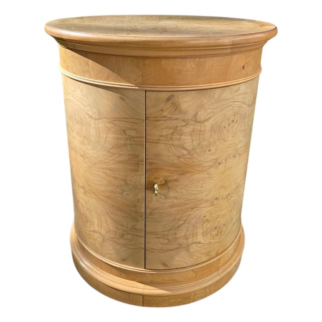 1980s Henredon Charles X Collection Burlwood Drum Side Table Nightstand Cabinet For Sale